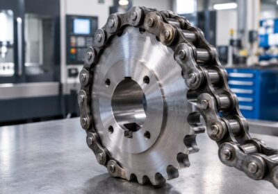 Rueda dentada de acero engranada con una cadena industrial en un entorno de fabricacion